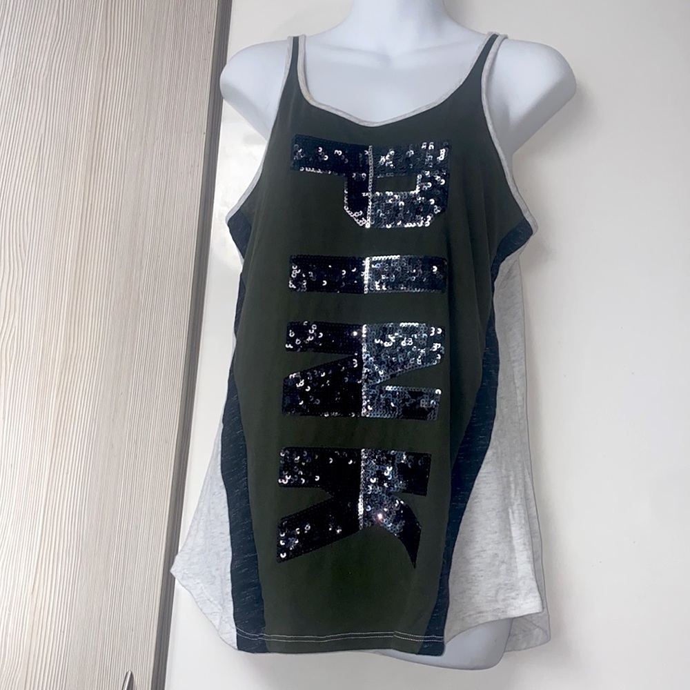 Pink VS gunmetal sequins maxi logo olive tank top